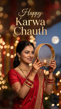 smiling wife holding decorated chhanani sieve with lit diya inside during Karwa Chauth festival, Indian woman adorned in red saree with zari border mangalsutra and maang tikka performing moon worship