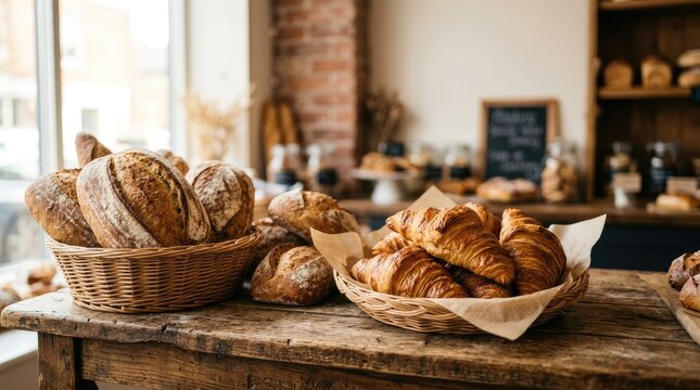 Fresh baked breads and pastries displayed on wooden counter in bakery