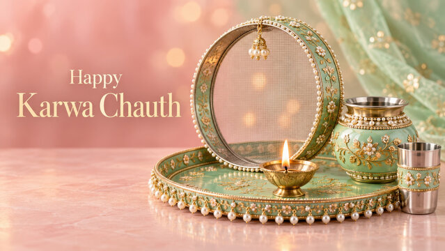 mint green puja thali set decorated with pearls and floral motif work for happy Karwa Chauth festival, embellished mint green chhanani sieve with pearl jhumka detail standing near lit brass diya