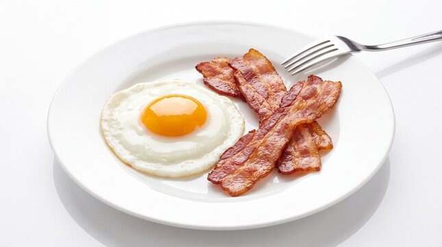 A classic breakfast plate featuring a perfectly fried sunny side up egg with a runny yellow yolk and crispy cooked bacon strips served on a white dish with fork