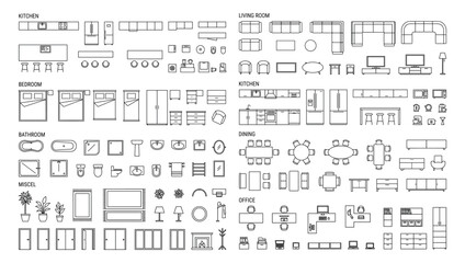 Architectural floor plan furniture symbols set for kitchen, living room, bedroom, bathroom, dining, and office, on white background © Badhan