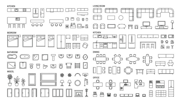 Architectural floor plan furniture symbols set for kitchen, living room, bedroom, bathroom, dining, and office, on white background