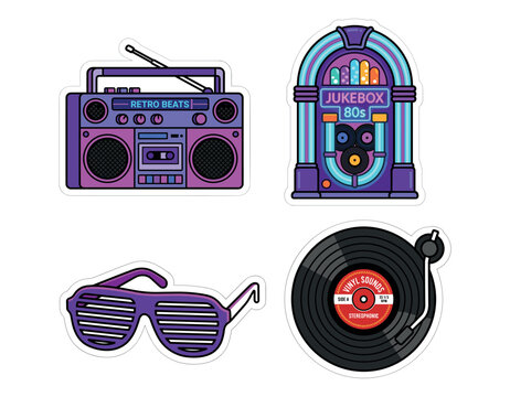 Set of four retro music featuring a purple boombox, a jukebox, shutter glasses, and a vinyl record on a white background