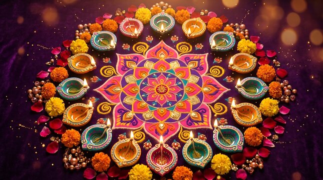 A vibrant and colorful rangoli design illuminated with diyas celebrating the joyous festival of diwali
