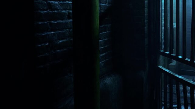 A dimly lit alleyway reveals dark brick walls and a hint of eerie blue light. A wrought iron gate adds mystery to the scene, inviting curiosity about what lies beyond.
