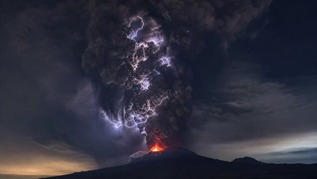 Volcanic lightning ash eruption night landscape creates dramatic natural disaster scene with glowing lava and storm cloud