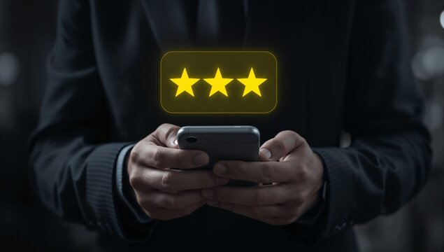 Marketing manager analyzes customer satisfaction, five-star ratings, online reviews, feedback, service quality, digital reputation, and engagement to improve customer experience and loyalty.