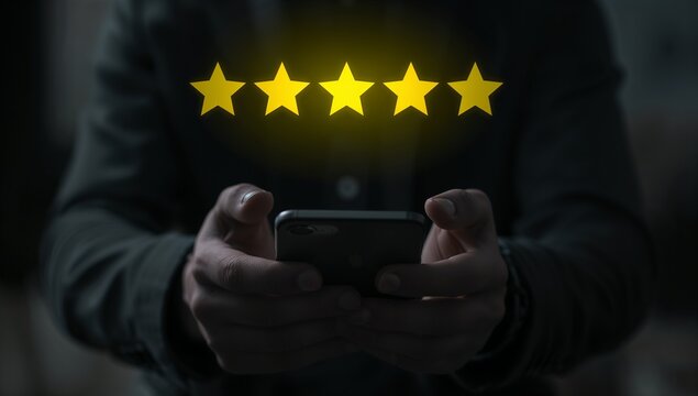 Marketing manager analyzes customer satisfaction, five-star ratings, online reviews, feedback, service quality, digital reputation, and engagement to improve customer experience and loyalty.