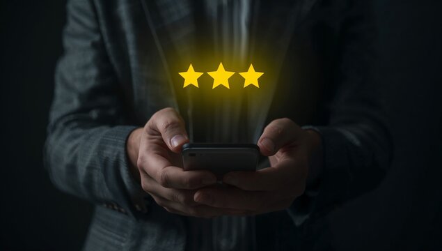 Marketing manager analyzes customer satisfaction, five-star ratings, online reviews, feedback, service quality, digital reputation, and engagement to improve customer experience and loyalty.