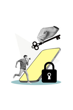 Vertical photo collage of happy man hacker run megaphone announce phone locked device decode hand hold key isolated on painted background