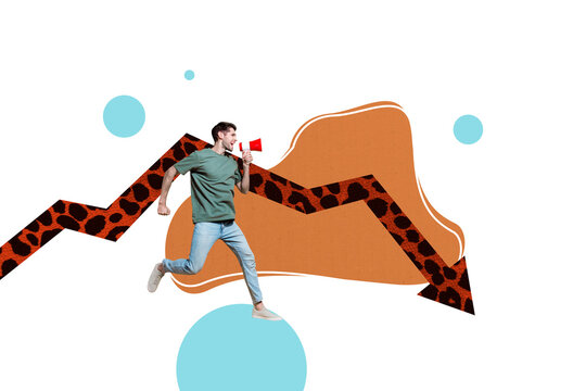 Composite trend artwork sketch photo collage of young man leader hand hold loudspeaker proclaim huge arrow down crisis loss run moving