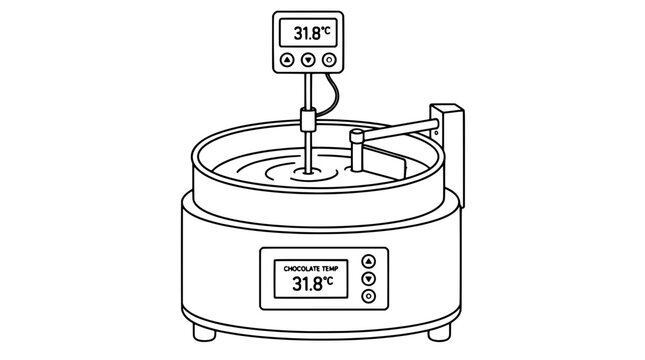 Black outline vector icon of an electric chocolate tempering pot with stirring paddle side bracket probe and dual digital temperature controllers drawn in thin neat lines in three quarter view