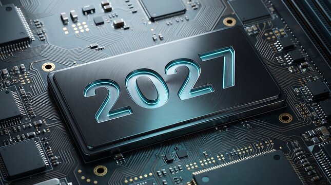 Digital processor chip with 2027 year imprint on complex circuit board.