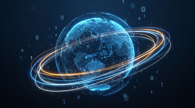 Digital earth globe with orbital light rings and binary code floating.