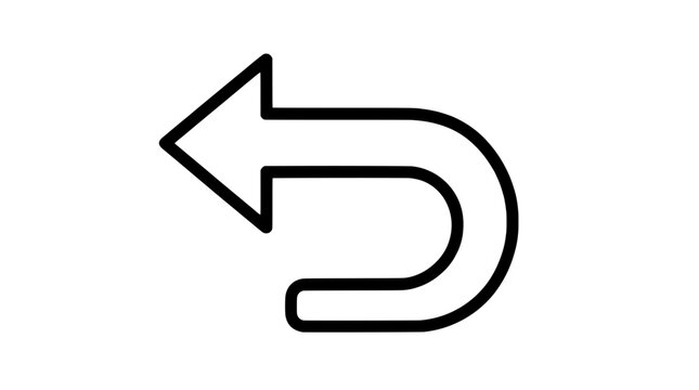 Black line art illustration of a U-shaped return arrow curving back leftward with triangular head and rounded tail drawn with bold lines in vertical centred composition emphasizing even tension