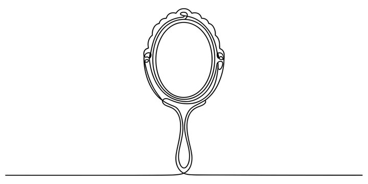 Continuous single line drawing of an elegant vintage hand mirror isolated on white background Vector, illustration