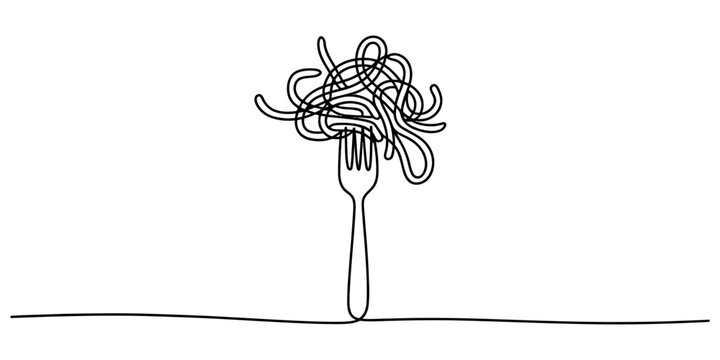 Continuous single line drawing of a fork with spaghetti pasta noodles isolated on a white background Vector, illustration