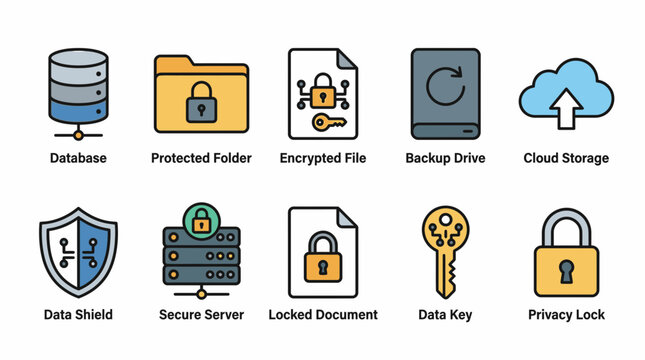 Cyber Security and Data Protection Vector Icon Set for Digital Infrastructure Concepts