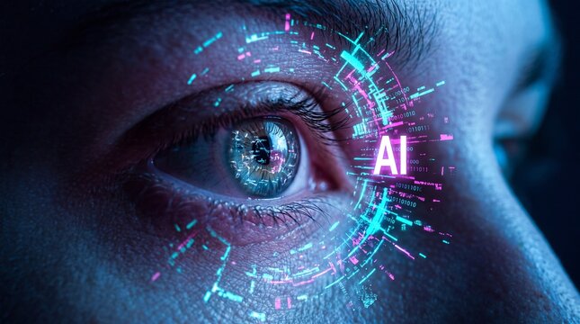 Futuristic concept of artificial intelligence with a glowing digital interface projection overlaying a human eye in cool blue tones, representing cybernetics