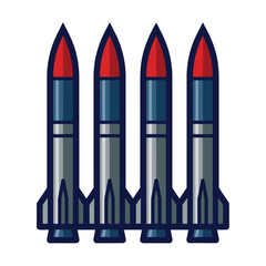 Fototapeta premium Four military missile rockets vector illustration with blue, grey, and red color scheme isolated on white background for defense and war design concepts