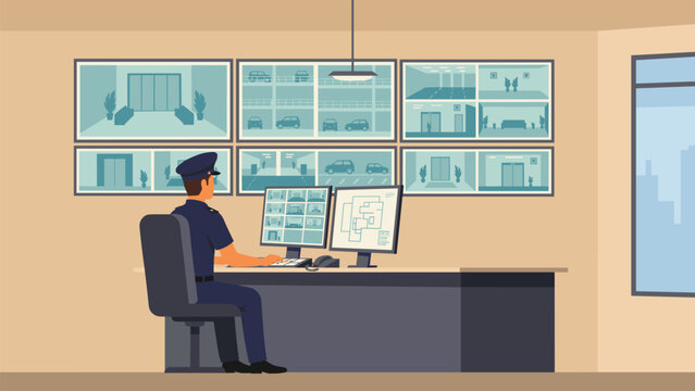 Police officer sitting at a surveillance console inside a monitoring center viewing numerous wall mounted CCTV camera feeds.