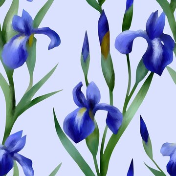 Seamless blue-violet iris flower pattern, botanical floral background illustration