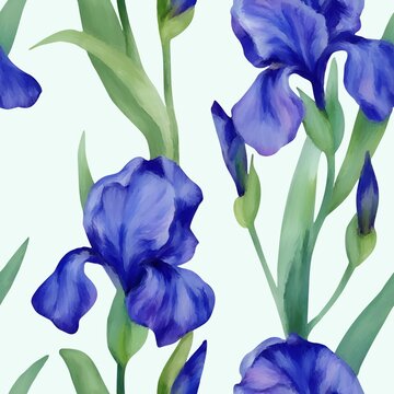 Seamless blue-violet iris flower pattern, botanical floral background illustration