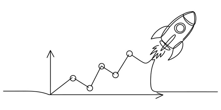 Continuous one line drawing of a rocket ship launching upward along a growing business graph chart showing fast success and professional financial growth isolated on transparent background, Vector