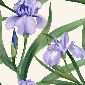 Seamless lavender iris flower pattern, botanical floral background illustration