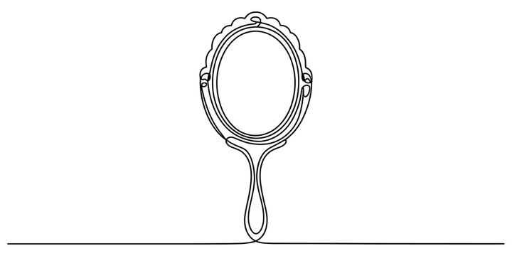 A continuous single line drawing of a vintage handheld mirror with an oval frame and decorative handle for beauty and makeup vanity themes isolated on transparent background, Vector