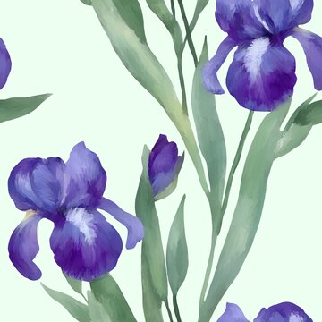 Seamless lavender iris flower pattern, botanical floral background illustration