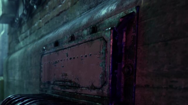 In a dimly lit alley, colorful lights dance along weathered brick walls, creating an enchanting atmosphere. Shadows stretch across the ground, adding to the mystery of this urban landscape.