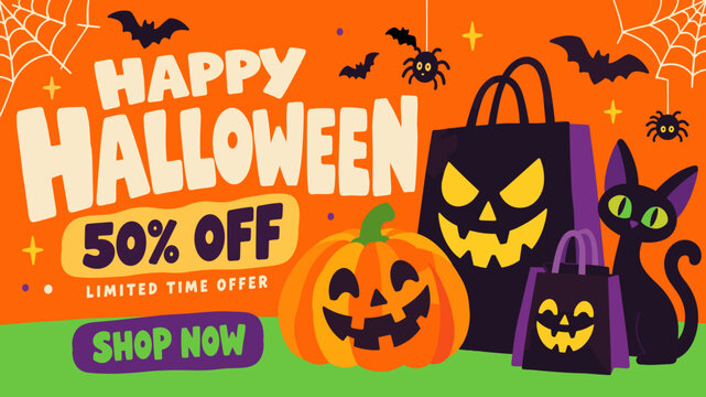 Happy Halloween 50 percent off sale banner template with jack o lantern pumpkin black cat shopping bags bats and spiders, Fully Organized Text Layers
