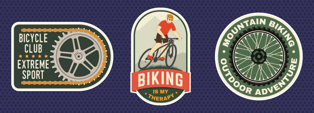 Vintage Bicycle Club Sticker Collection with Cyclist, Bicycle Wheel and Extreme Sport Emblems, Retro Mountain Biking Badges, Cycling Graphics and Outdoor Adventure Designs for Sports Apparel