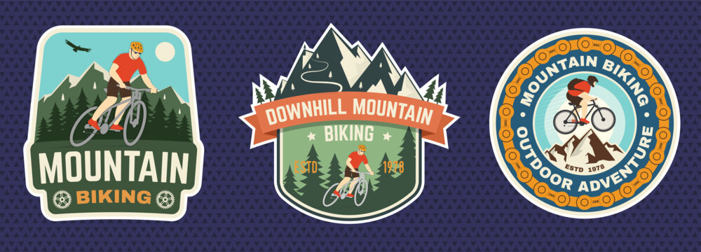 Mountain Biking Sticker Collection with Downhill Cyclist, Mountain Landscape and Outdoor Adventure Badges, Vintage Bicycle Club Emblems, Retro Cycling Graphics and Extreme Trail Sport Designs