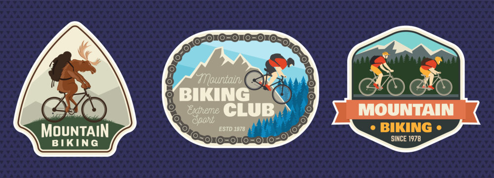 Vintage Mountain Biking Sticker Collection with Cyclists, Mountain Trails and Bicycle Club Badges, Retro Outdoor Adventure Emblems, Scenic Cycling Graphics and Extreme Sport Designs for Apparel
