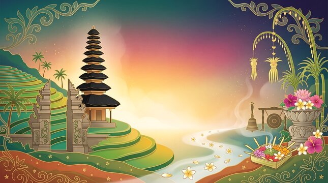 Bali temple and rice terrace illustration functions as a presentation background for tourism websites travel marketing and culture promotion.
