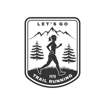 Trail Running Vintage Badge with Female Runner, Mountain Landscape and Pine Trees, Outdoor Adventure Emblem for Hiking, Running, Fitness, Athletics and Wilderness Sports Branding.