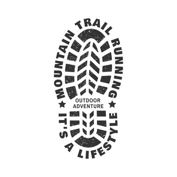 Trail Running Graphic with Bold Shoe Tread and Mountain Adventure Typography, Outdoor Sports Emblem for Runners, Hiking, Endurance Training, Fitness, Athletics and Active Lifestyle