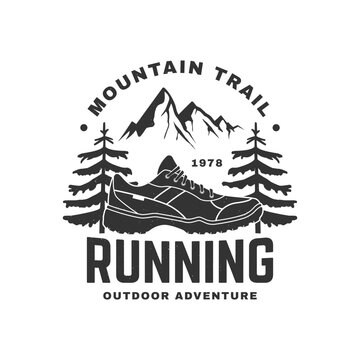 Trail Running Vintage Emblem with Running Shoe, Mountain Peaks and Pine Trees, Outdoor Adventure Graphic for Hiking, Athletics, Fitness, Endurance Sports and Active Lifestyle Branding