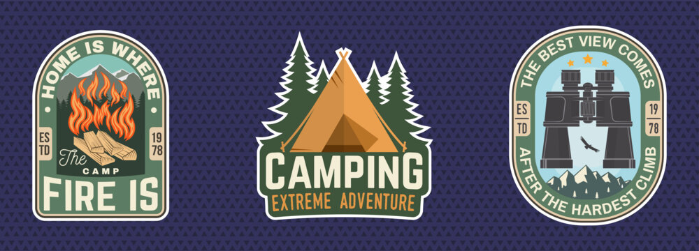 Vintage Camping and Outdoor Adventure Sticker Collection with Campfire, Tent, Binoculars and Mountain Scenery, Retro Wilderness Badges for Hiking, Travel, Nature and Camping Club