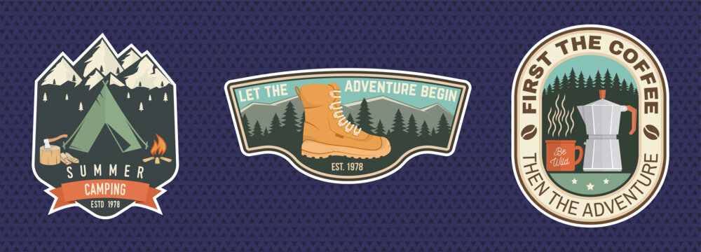 Vintage Summer Camping Sticker Collection with Mountain Tent, Hiking Boot and Camping Coffee Maker, Retro Outdoor Adventure Badges, Wilderness Emblems and Nature Graphics for Travel and Hiking
