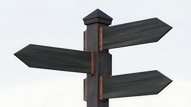 Blank wooden directional signpost with three arrow boards pointing in different directions isolated on white background