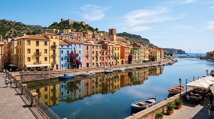Obraz premium Colorful buildings along the river in Bosa town on the island of Sardinia in Italy during a sunny summer day