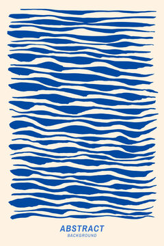 Abstract Blue Horizontal Wavy Lines on Warm Beige Background, Minimalist Organic Striped Pattern Poster, Fluid Hand Drawn Linear Texture for Modern Graphic Design