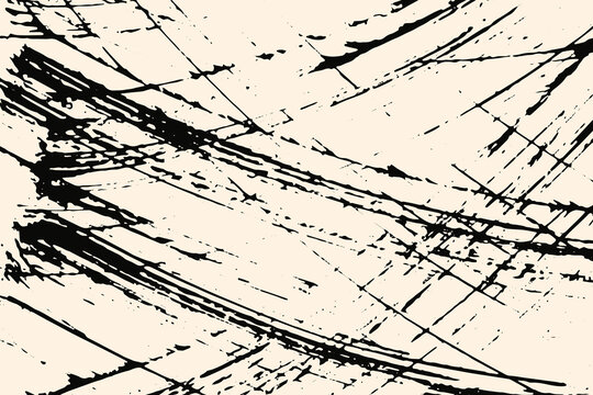 Black Abstract Scratched Brush Lines on Beige Horizontal Background, Fine Dynamic Strokes and Distressed Grunge Texture, Minimalist Contemporary Linear Art Poster or Bookmark
