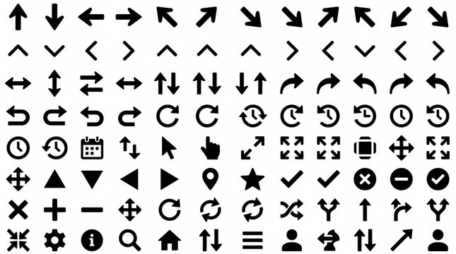Large set of solid black arrow and interface navigation icons in a dense grid on a plain white background, including directional arrows, chevrons, refresh and undo symbols, cursors, checkmark, plus, c