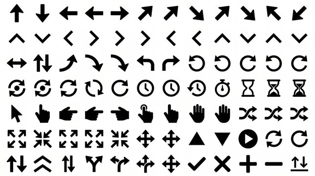 Large set of solid black arrow and interface navigation icons in a dense grid on a plain white background, including directional arrows, chevrons, refresh and undo symbols, cursors, checkmark, plus, c