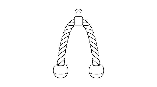 Black outline vector icon of a gym triceps pushdown rope forming an inverted V with twisted strands hanger bracket and rounded rubber end knobs drawn with medium lines in centered hanging pose