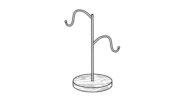 Black outline vector icon of a dual hook stand with curved ball ends on a pole fixed to a round wood grain base rendered with thin lines in centered vertical composition emphasizing height difference